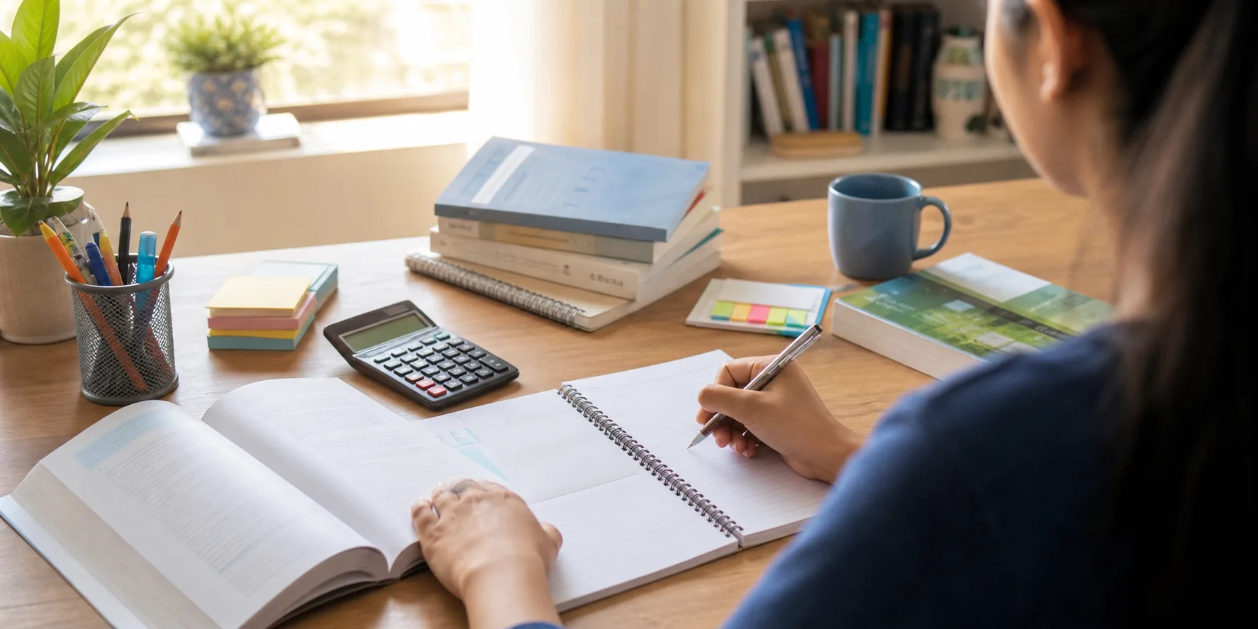 A Class 12 commerce student revising Accountancy, Economics, and Business Studies basics at a study desk