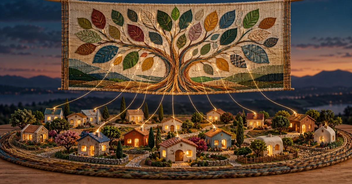 Threads from individual clay houses forming a woven tree that represents a community's shared story