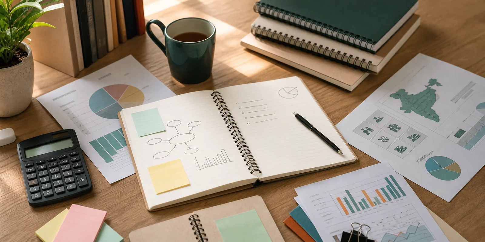 A study desk with an Economics project notebook, charts, calculator, sticky notes, and research pages arranged neatly