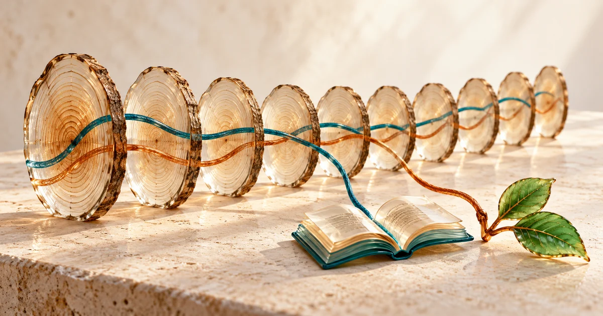 Threads pass through tree rings across time and emerge as an open book and green leaves