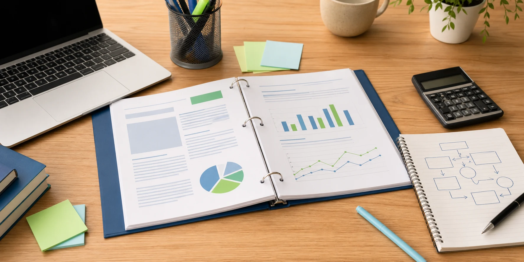 A neat commerce project file with charts, notes, calculator, and planning pages on a study desk