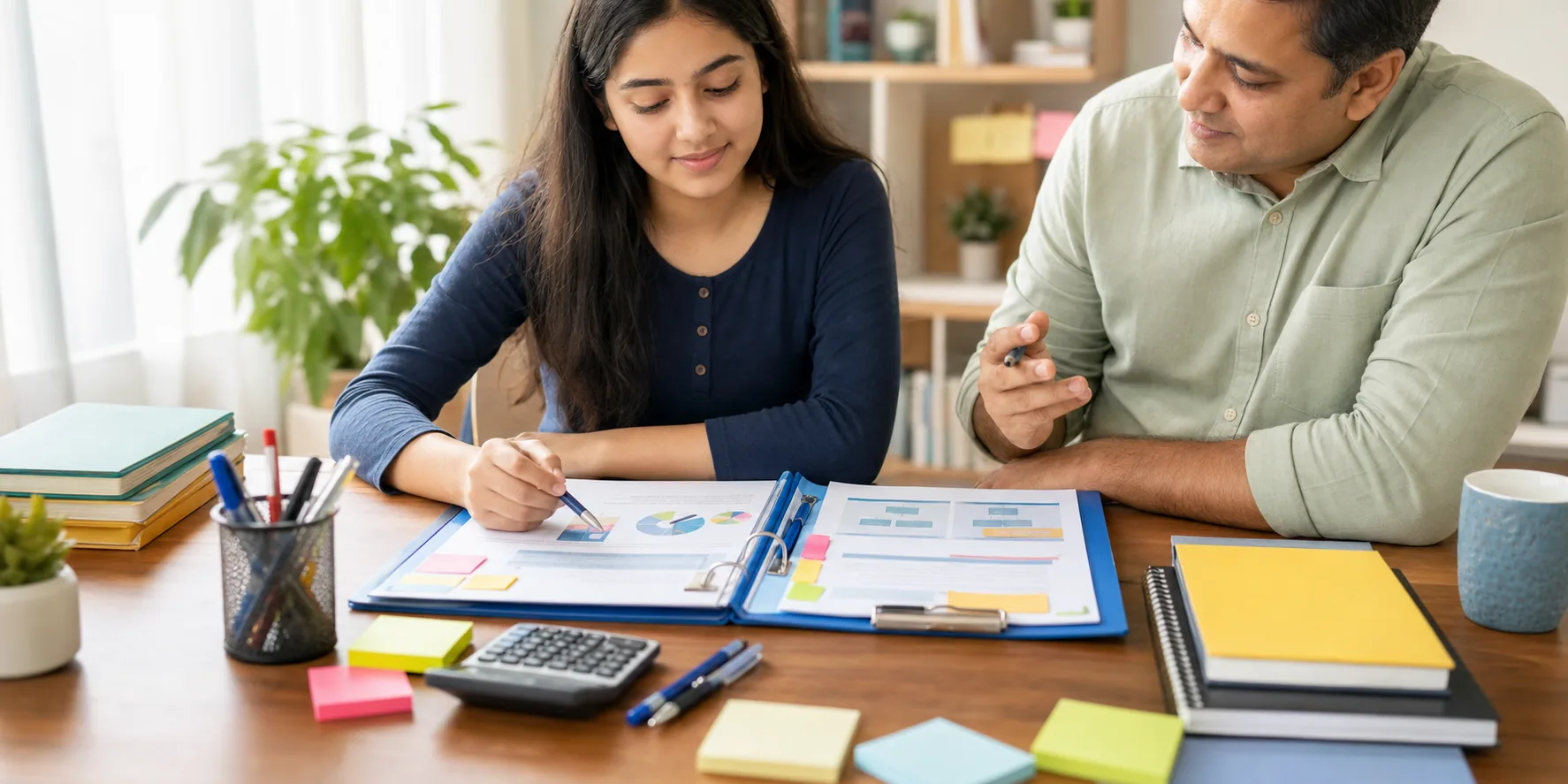 A Class 12 commerce student calmly reviewing a project file with a parent or tutor at a study table