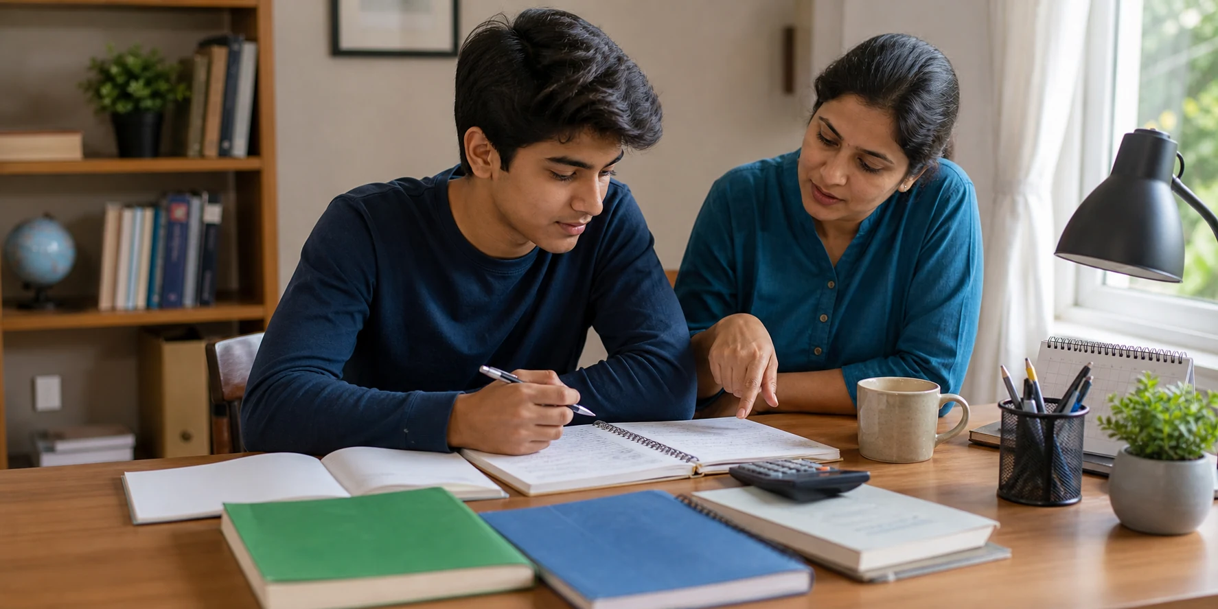 A commerce student studying with supportive guidance at a home study desk