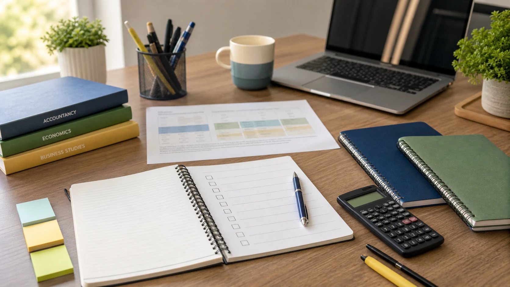 A study desk with commerce books, notebooks, a calculator, laptop, and a checklist for evaluating a tuition trial class