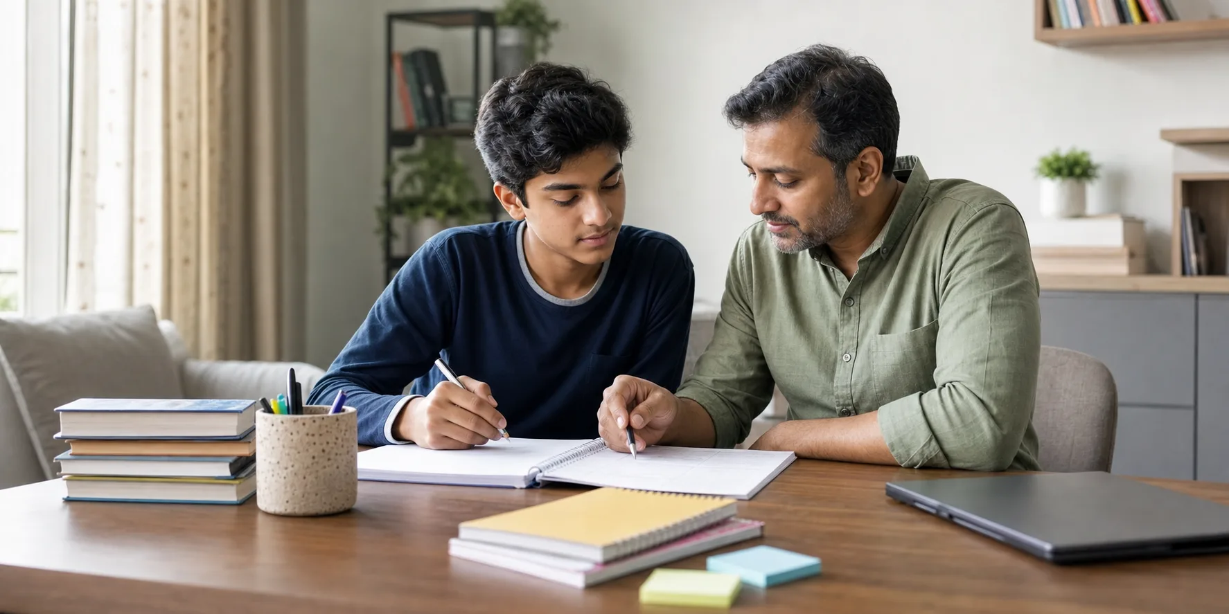 A Class 10 student and parent reviewing study notes together while deciding between academic streams