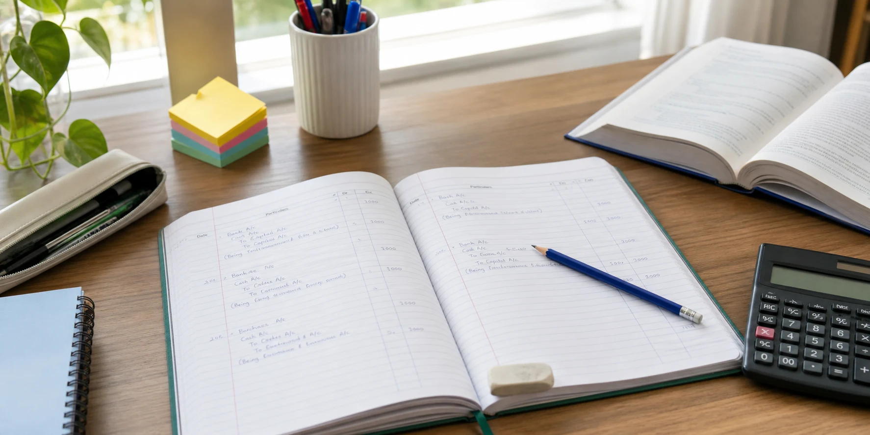 A Class 11 Accountancy notebook with journal entry practice, calculator, pencil, and study notes on a desk