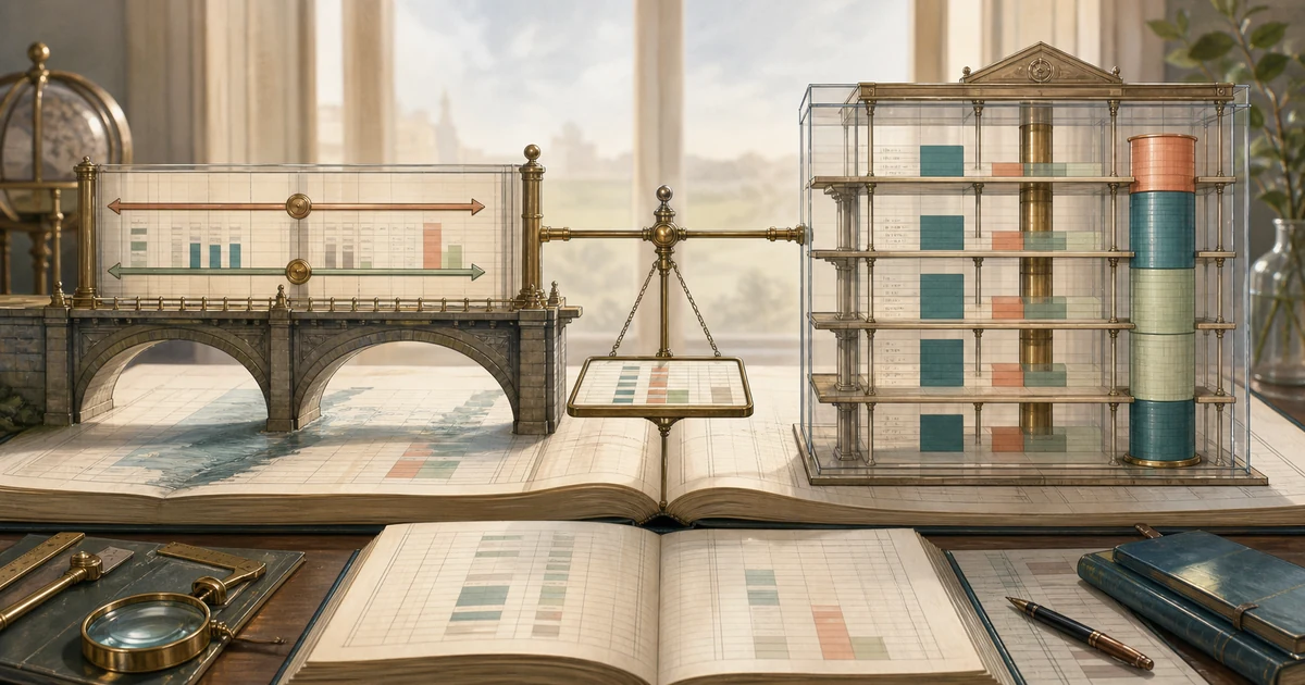 A ledger observatory comparing financial statements through a horizontal timeline bridge and a vertical glass structure