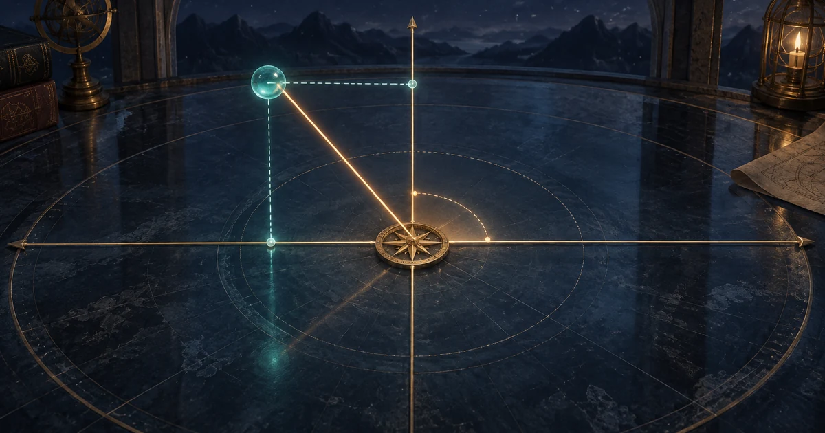 A teal glass point connected to a brass compass at the origin on a glowing Argand plane