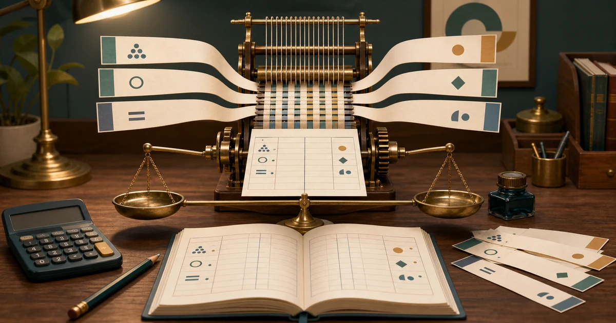 A balance scale arranging many debit and credit slips into one neat journal entry