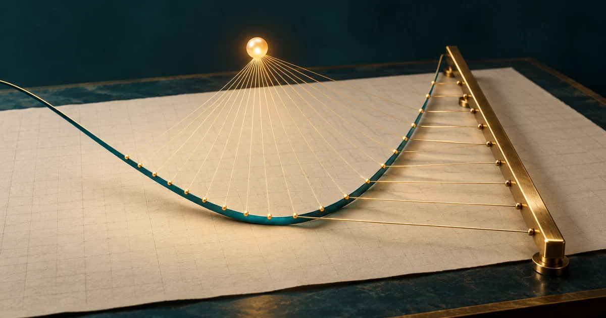 A glowing amber pearl and a straight brass rail connected by delicate threads to a sweeping teal curve