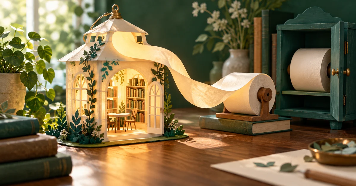 Paper from a spool becomes a glowing community lantern while unused paper remains stored for tomorrow