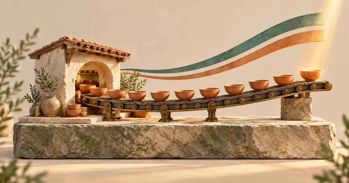 Pottery workshop on a stone foundation with flowing ribbons and a newly made bowl lit in gold