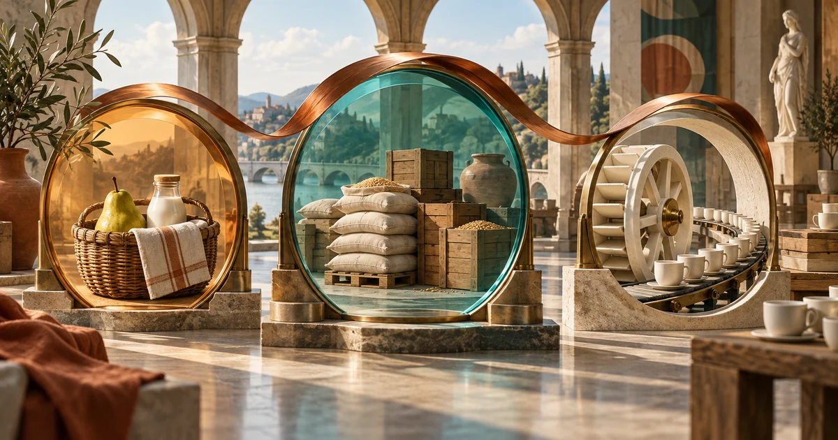 Three connected glass lenses frame a household basket, bulk goods, and a wheel carrying newly made cups