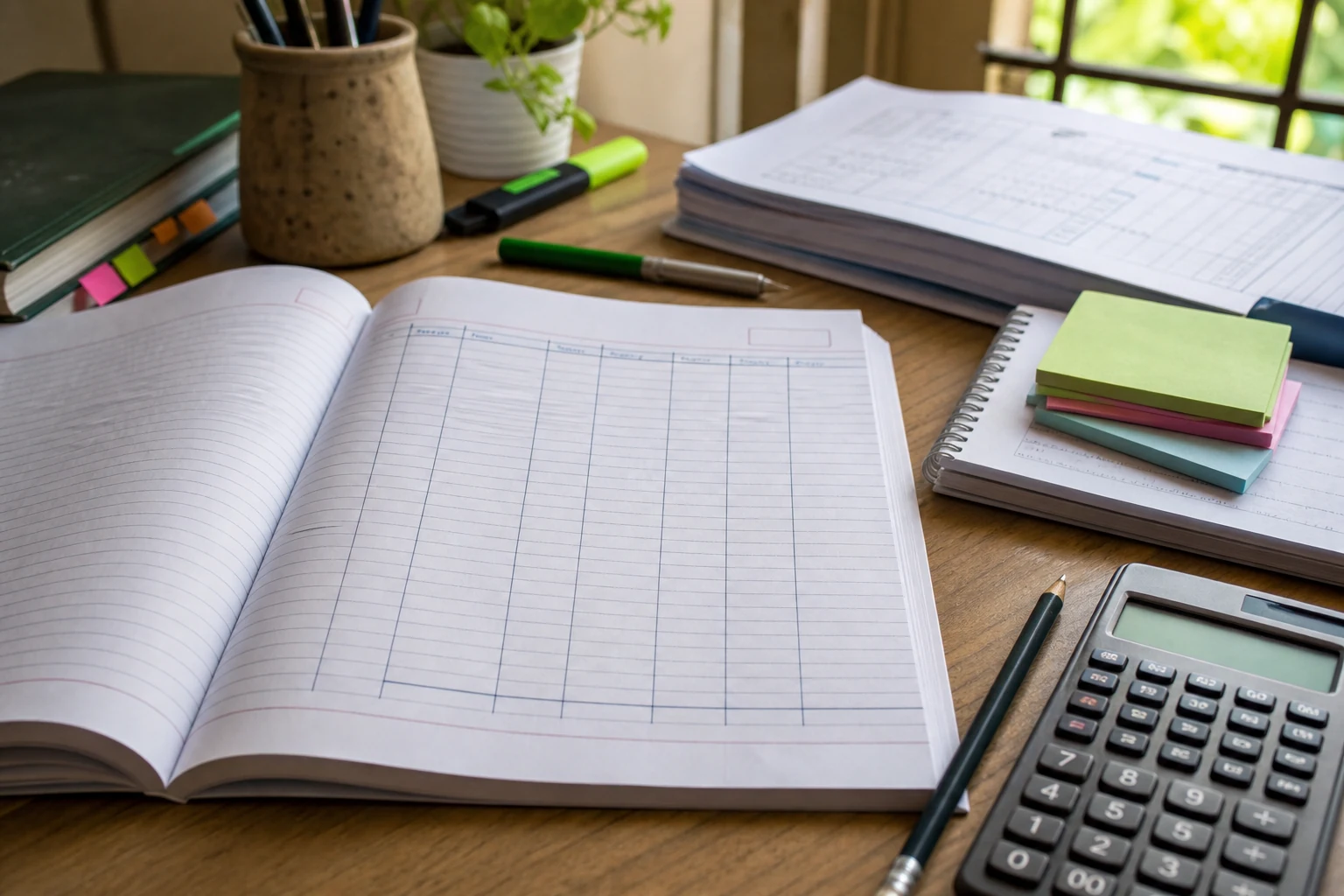 An Accountancy study desk with a notebook, calculator, pencil, and practice sheets arranged for error-log revision