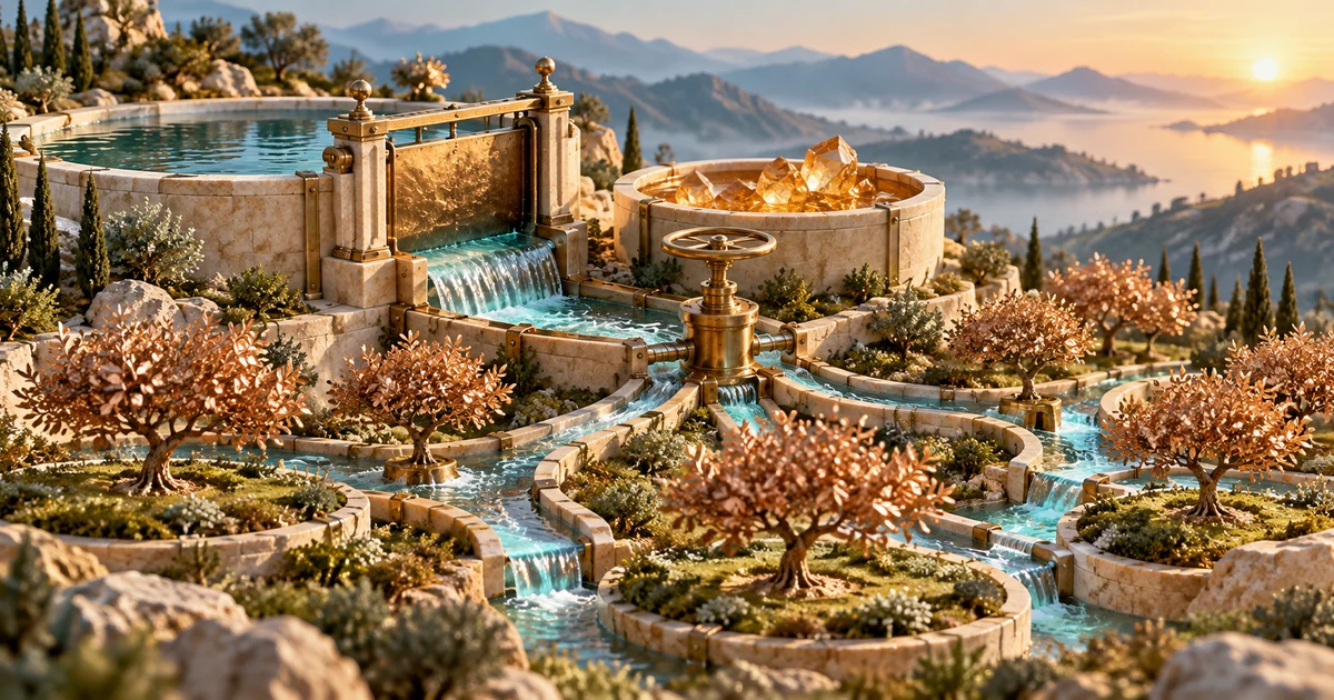 Brass gates regulate a teal river flowing through an orchard, symbolising credit control that supports growth