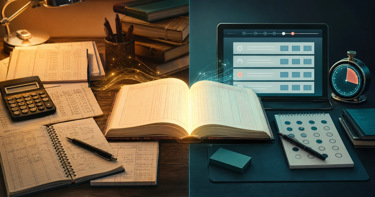 A split study desk showing handwritten Accountancy practice on one side and a timed multiple-choice screen on the other