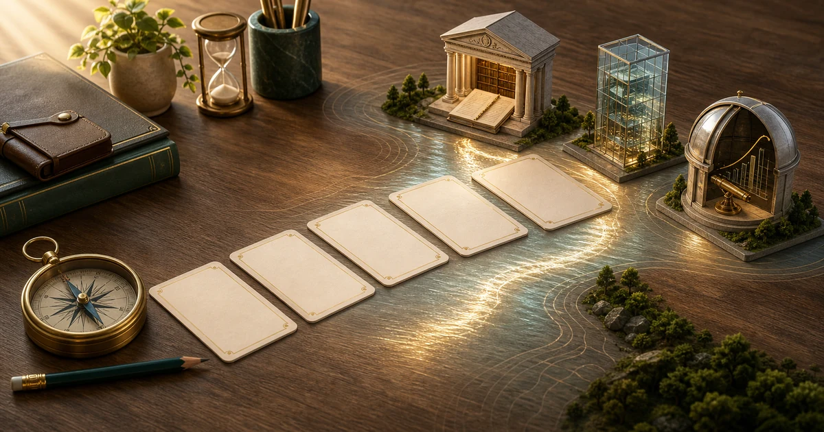 Five blank subject cards forming a pathway across a study desk toward commerce, management, and economics destinations