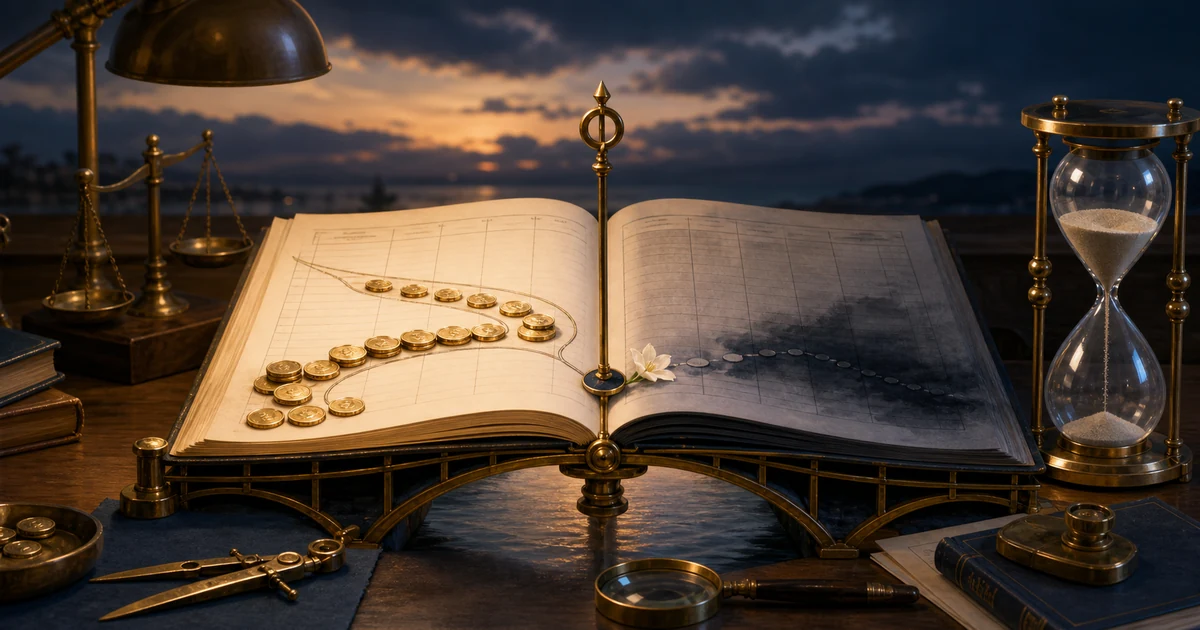 A moonlit partnership ledger with a sand clock measuring profit only up to one marked date