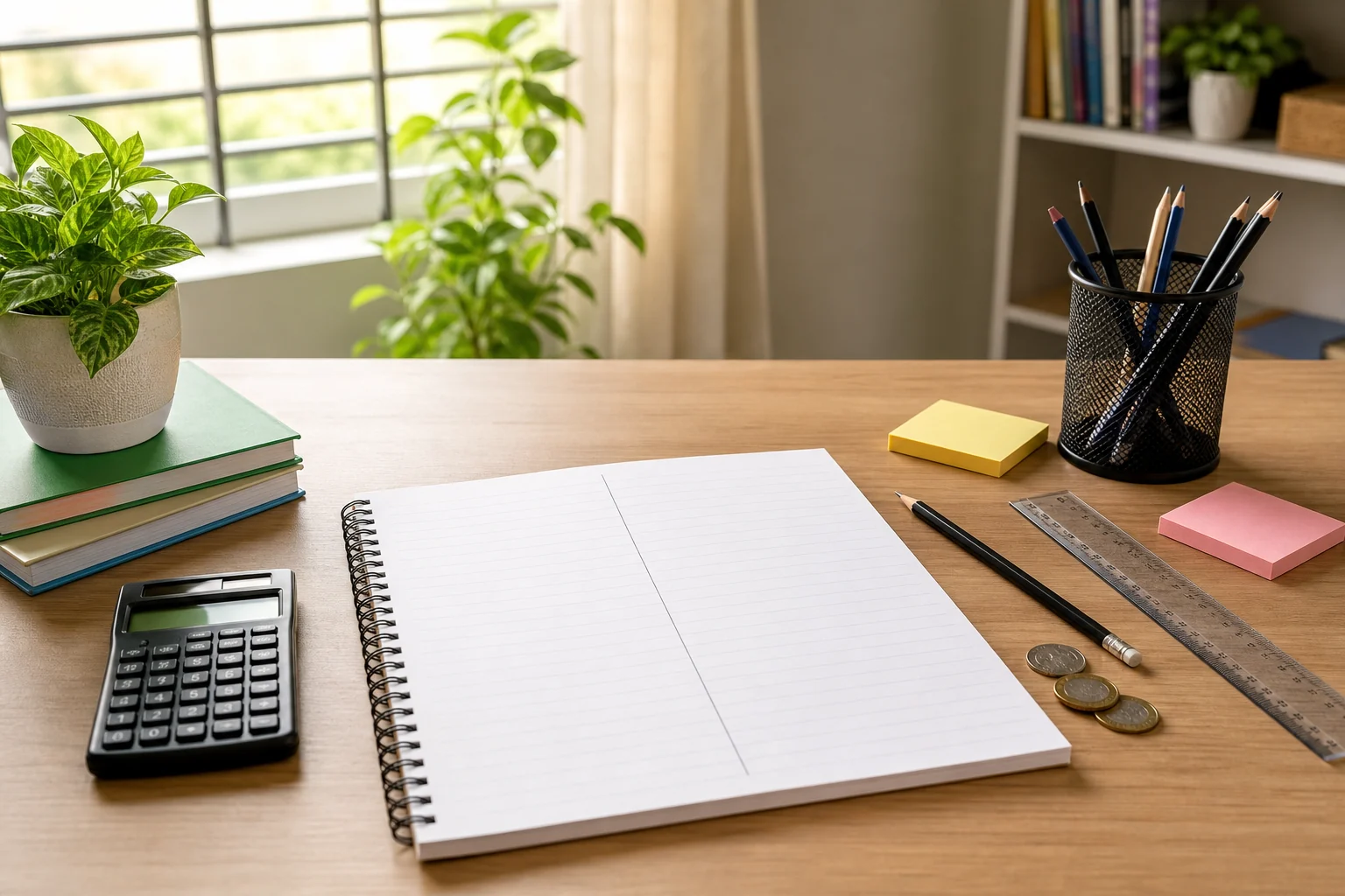 A clean accountancy study desk with an open notebook, calculator, pencils, sticky notes, and rupee coins