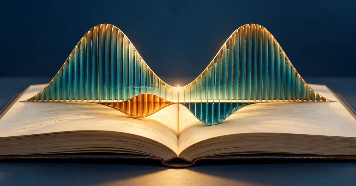 Matching brass and teal hills rise from an open book, with a smaller crest and trough suggesting signed-area cancellation