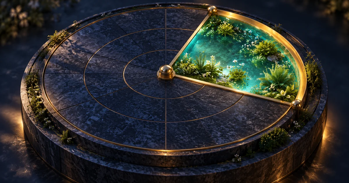 Brass radii and a golden circular rim frame a glowing garden sector on a dark stone disc