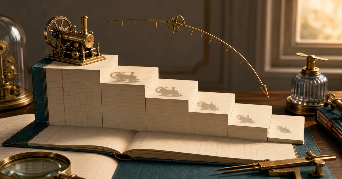 A brass machine casts smaller shadows across ledger steps to show reducing depreciation under written down value method