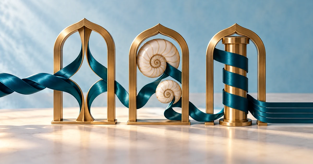Teal ribbons passing through brass gates that separate strands, frame matching spiral shells and straighten a weave