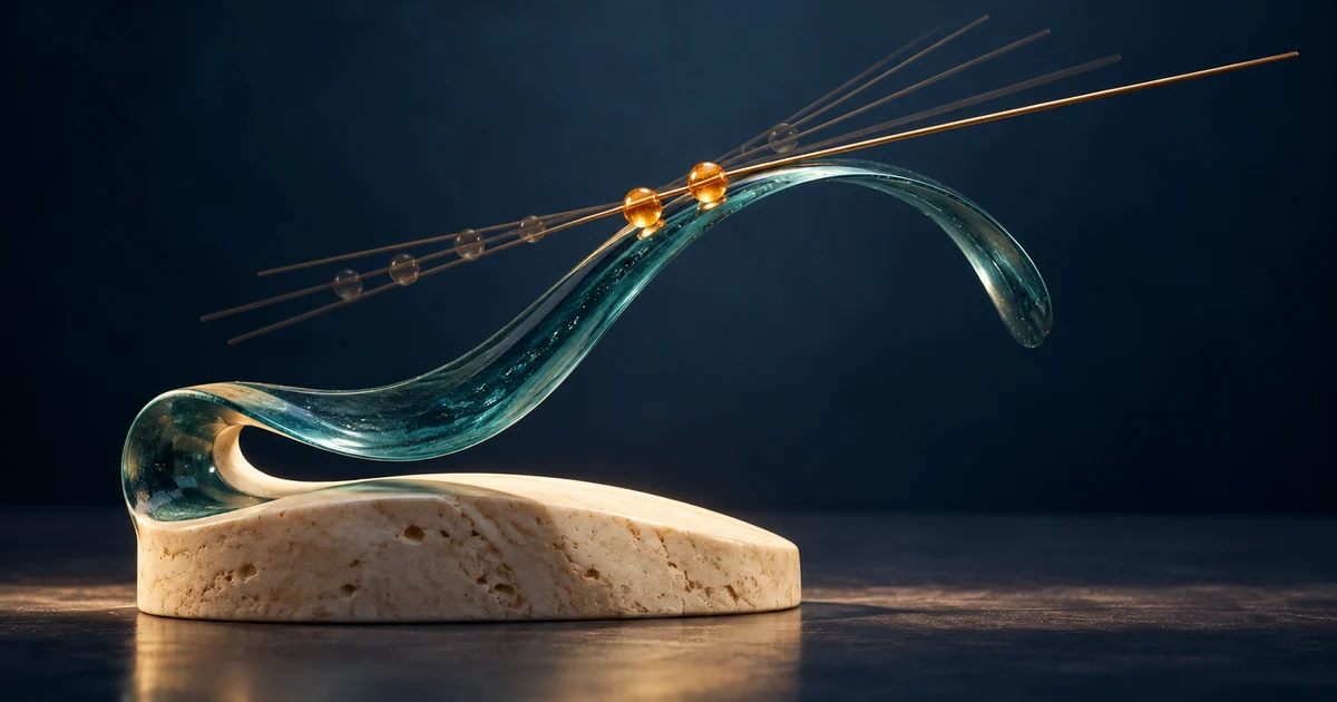 Two amber beads on a curved glass ribbon guide a brass rod toward the curve's local direction
