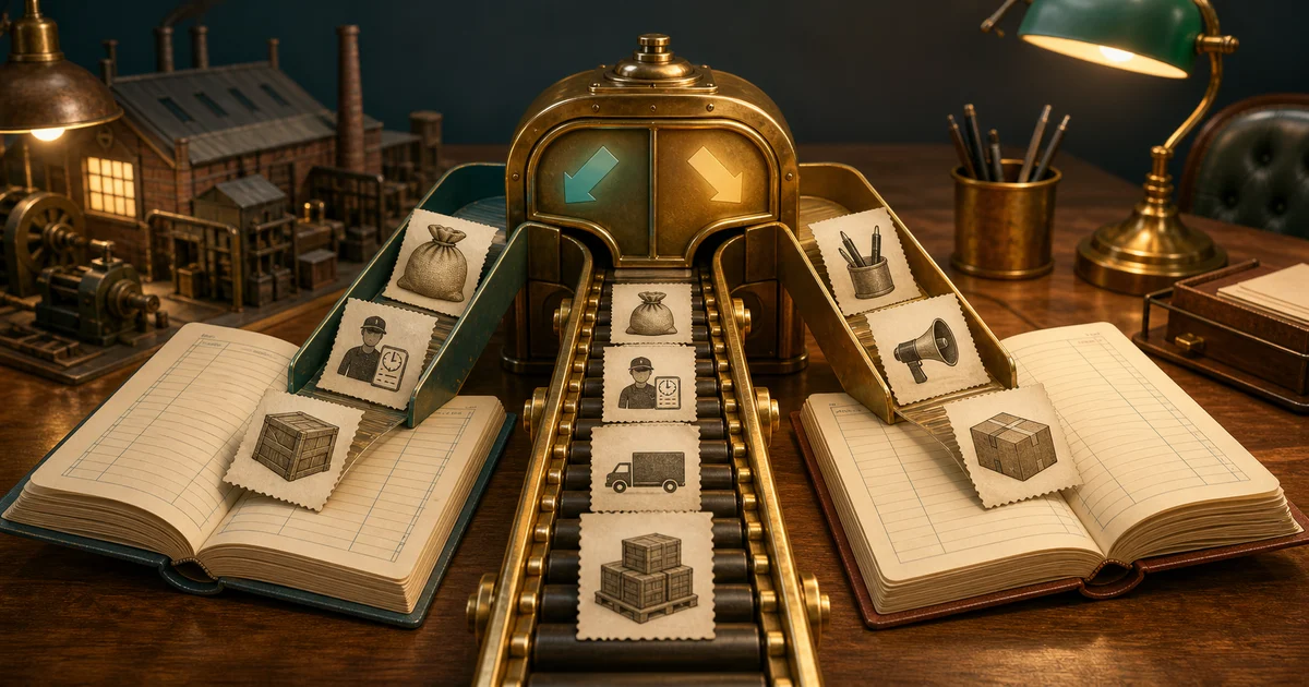 A brass accounting sorter sending expense slips into two open final accounts ledgers
