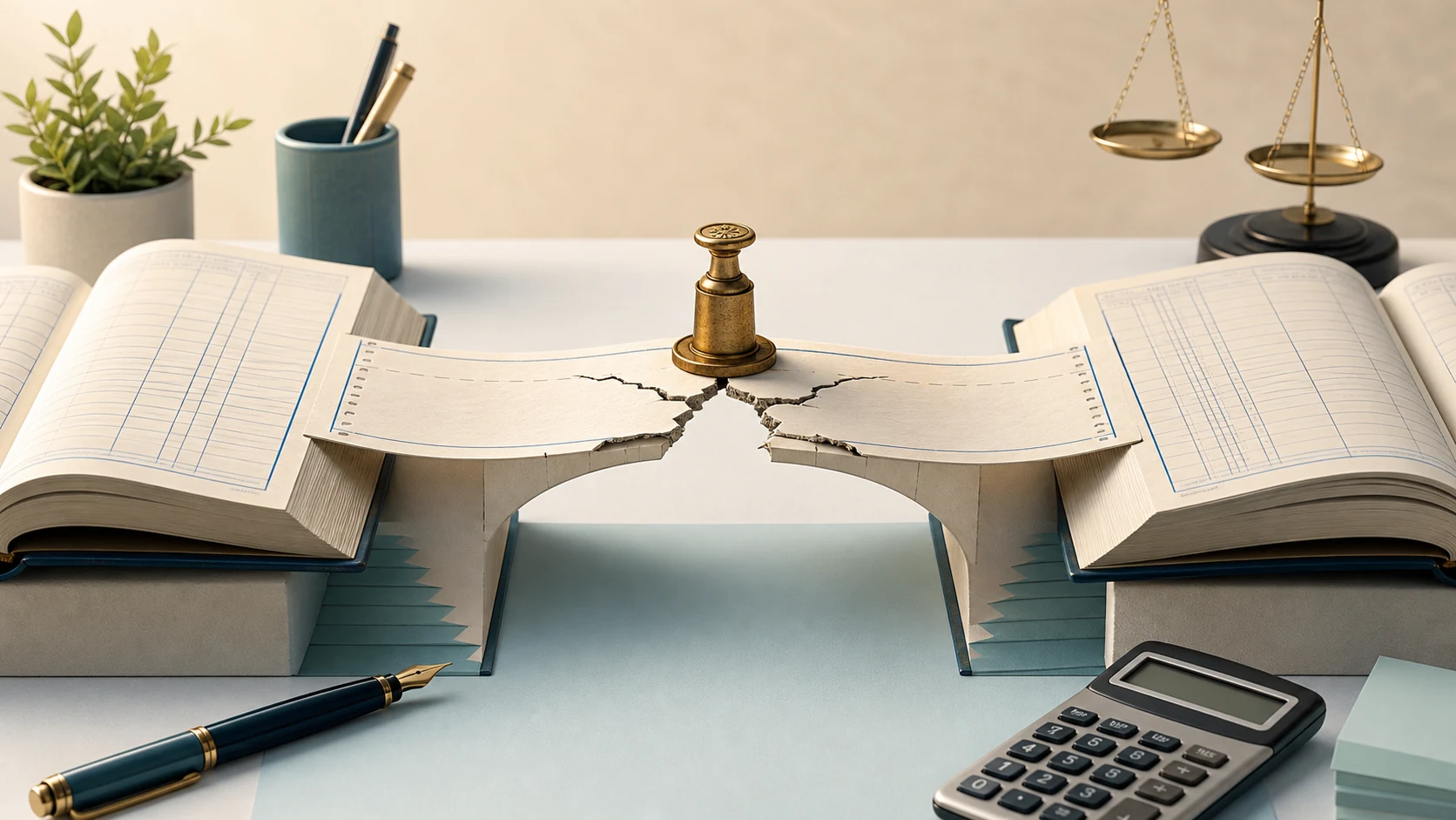 Two open ledgers connected by a cracked paper bridge with a seal, symbolising dishonour of a bill of exchange