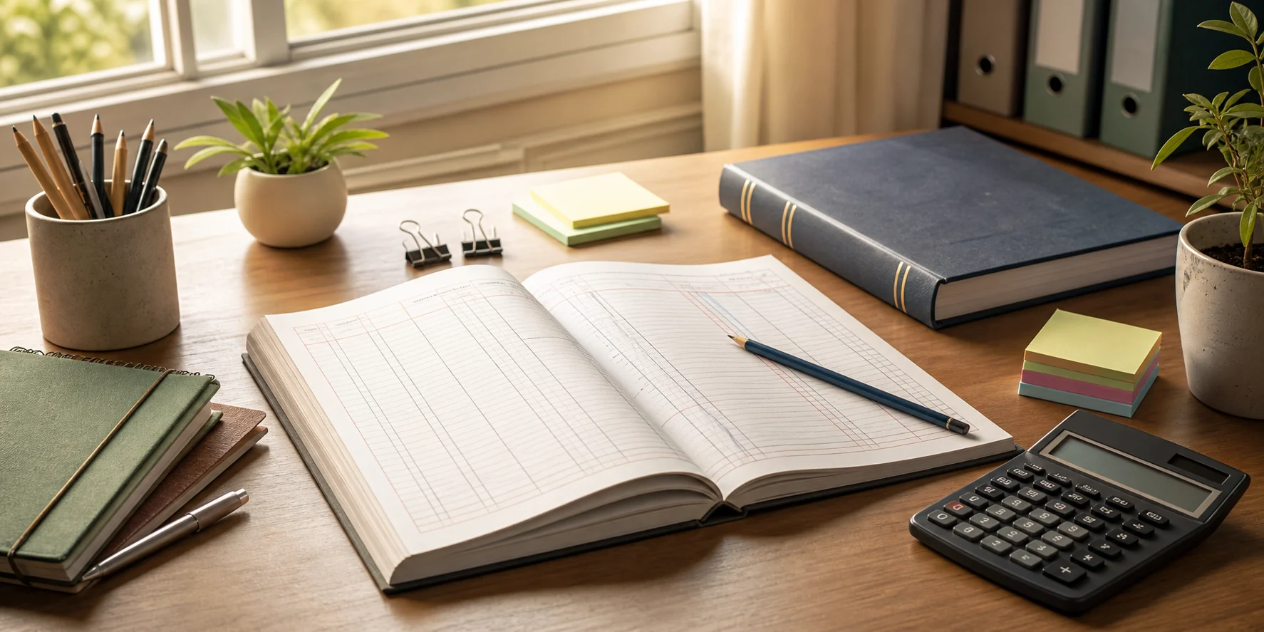A neat accountancy study desk with ledger-style notebook, calculator, pencil, and revision notes
