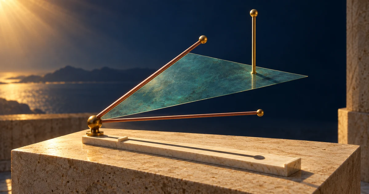 A brass sundial sculpture with copper rods, a teal sail, an upright mast, and a shadow on an ivory rail