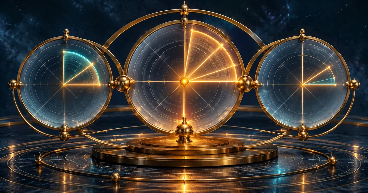 A glowing brass observatory connects glass circles through doubled, tripled, and bisected arcs of light