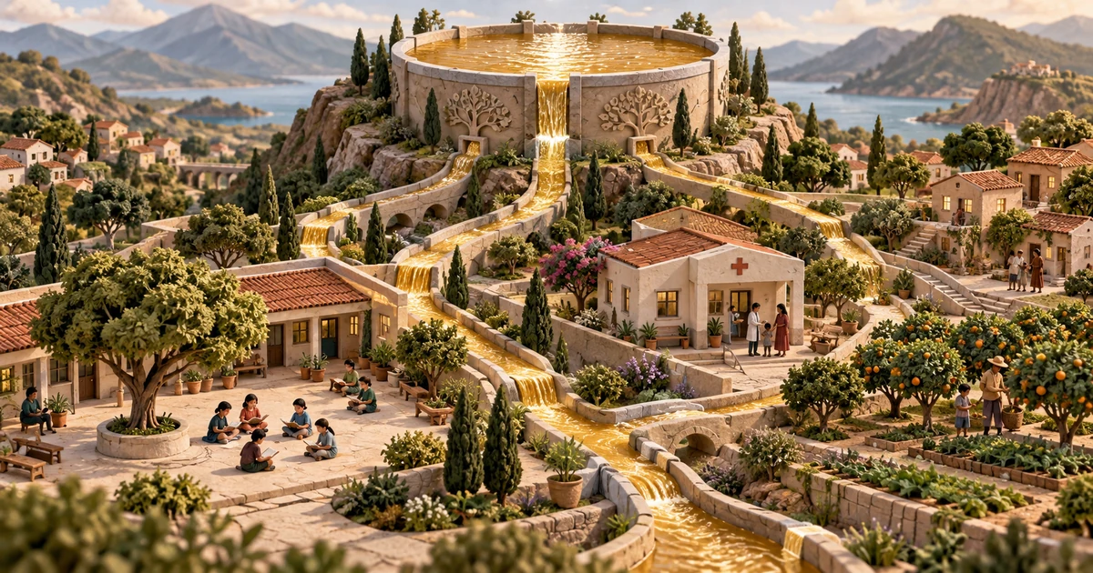 Golden water flows from a rising reservoir into a village school, clinic, homes and orchard
