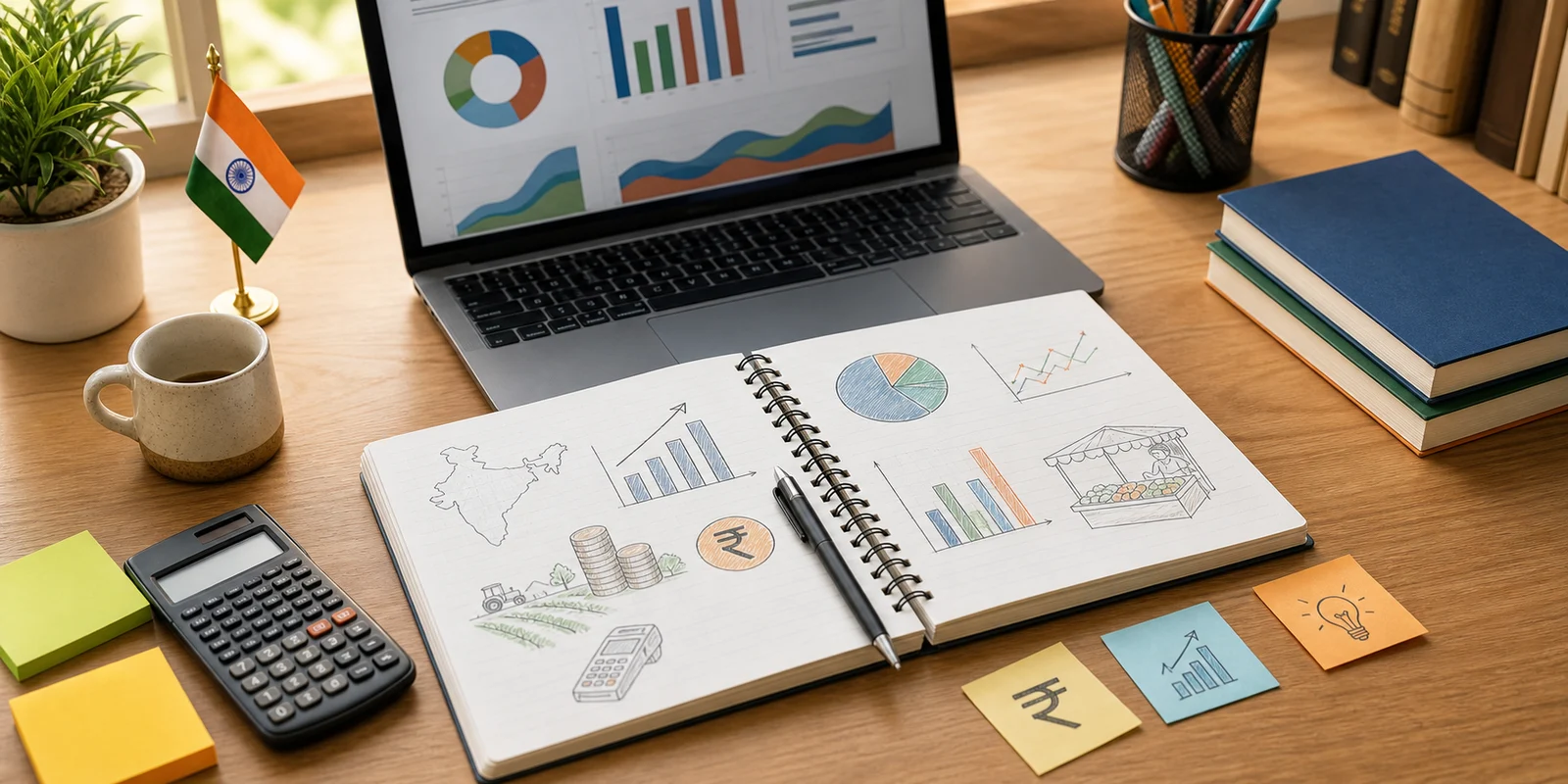 A study desk with Economics project notes, charts, Indian economy maps, and a calculator