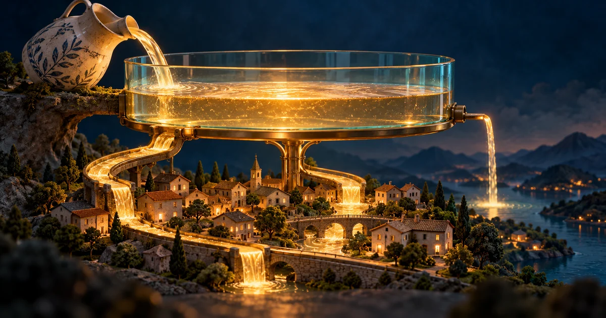 A glowing glass reservoir above a miniature town, with circulating water and balanced inflows and outflows