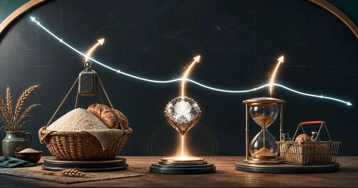 A symbolic economics scene showing a demand curve bending around staple food, a luxury jewel, and an hourglass for future price expectations