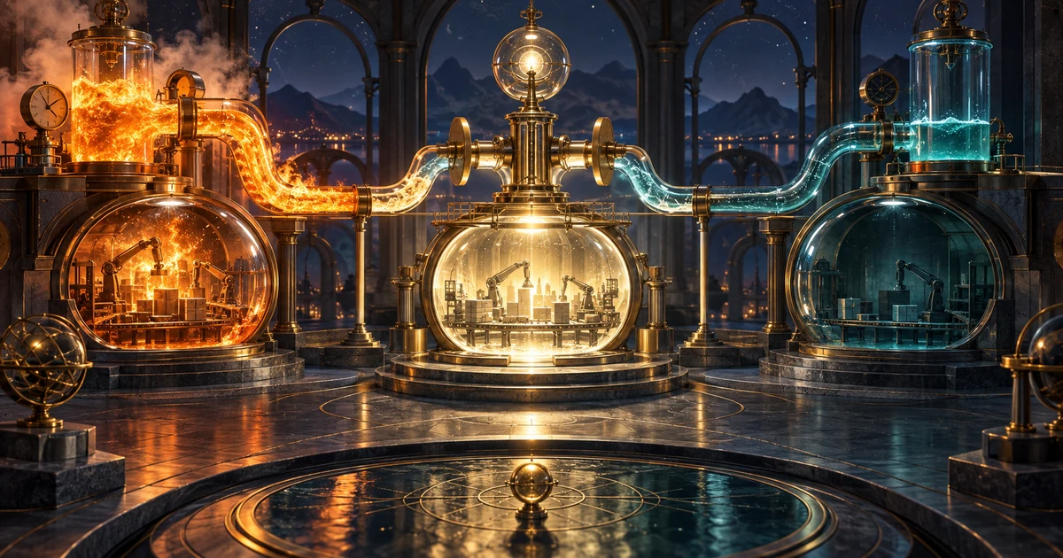 A brass regulator balances an overheated amber production chamber and an underused teal chamber
