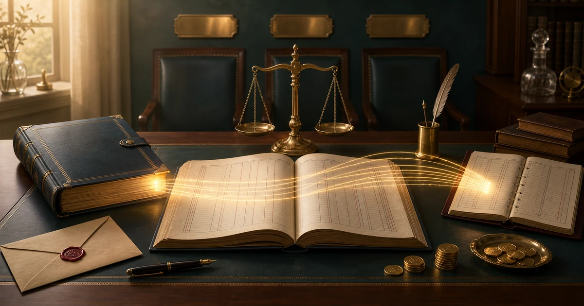 A partnership ledger transferring a golden balance into an executor ledger beside brass scales