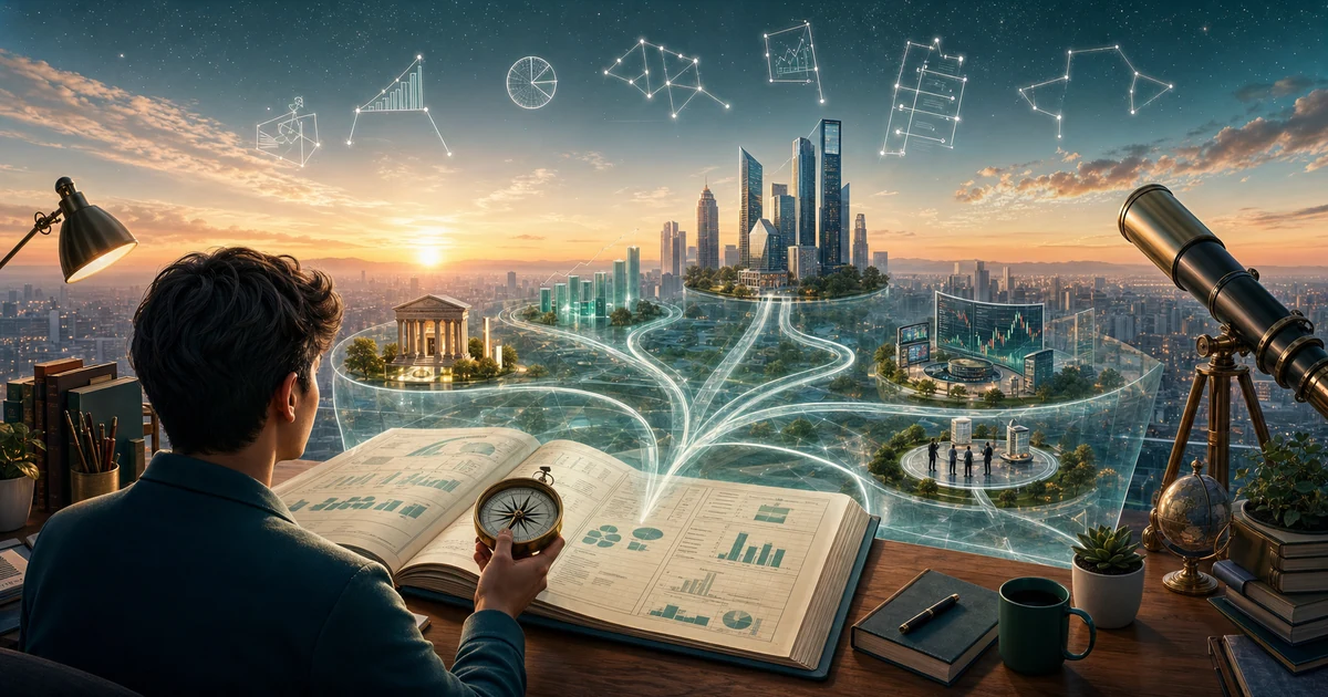 A commerce student using a compass over financial statements as glowing paths lead toward finance careers in a sunrise city