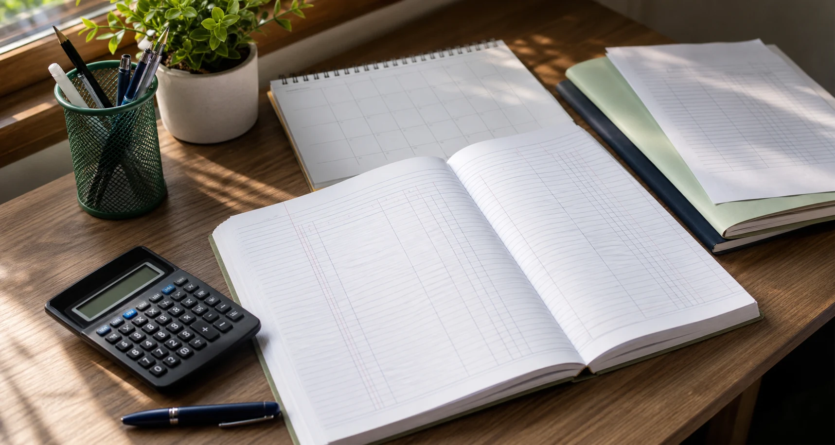 A calm study desk with blank notebooks, a planner, pens, and a calculator for a Class 11 commerce student
