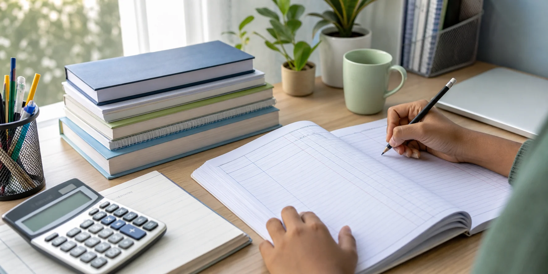 A Class 11 commerce student practising accountancy in a notebook with a calculator and books on a tidy study desk