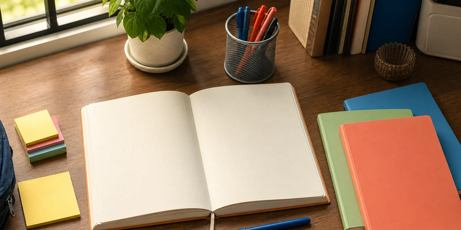 A calm study desk with blank notebooks, sticky notes, pens, and an open planner