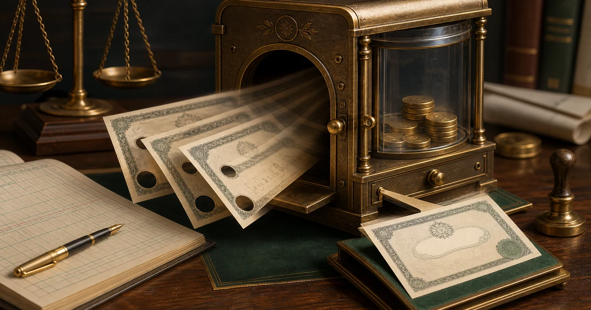A brass accounting machine withdrawing unpaid share certificates while a restored certificate and reserve coins emerge on a ledger desk