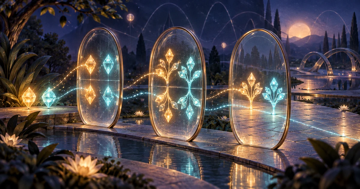 A pair of glowing crystals passes through glass portals, changing into reflections and branching forms while staying together