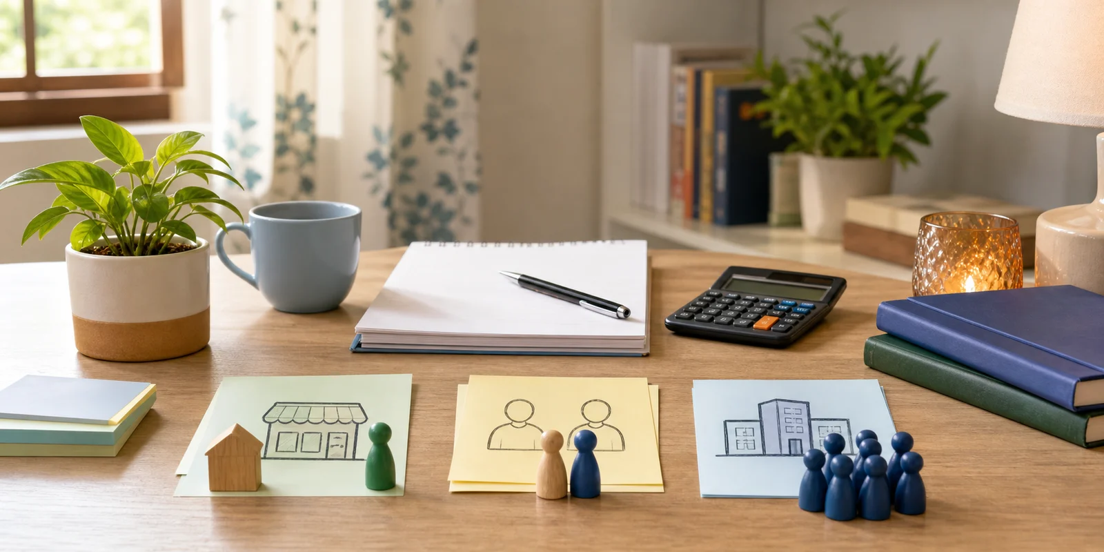 A Business Studies desk showing three simple models of a small shop, partnership, and company