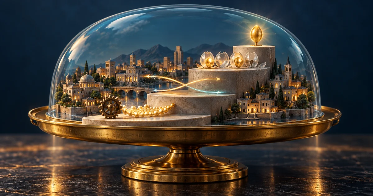 A miniature economy under glass with three steps separating worn capital, cross-border income and tax layers from a golden core