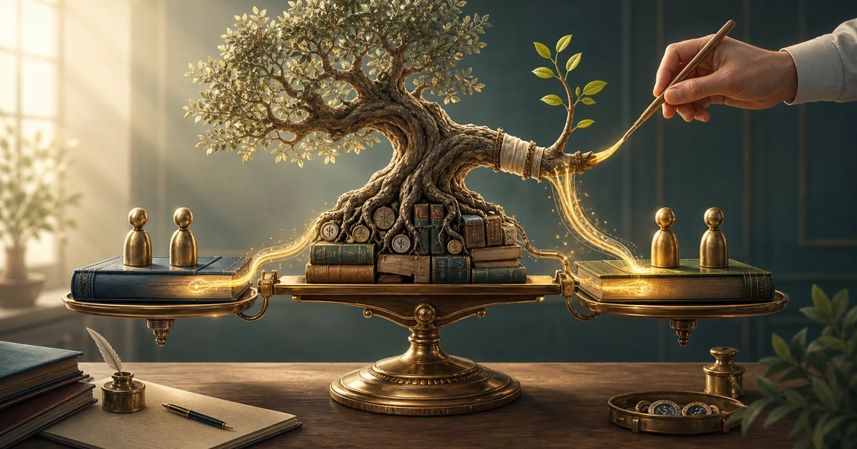 A ledger tree is balanced on brass scales while goodwill flows toward partner account books
