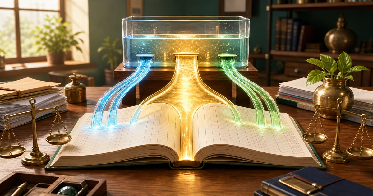 A glowing GST credit reservoir flowing into an open ledger with brass debit and credit scales