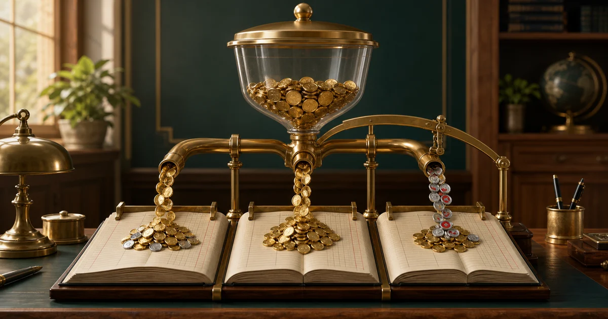 A glass profit reservoir flowing into partner ledgers while a brass bridge adjusts the guaranteed share